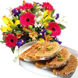 Shop for Mixed Flowers Bouquet with Anand Bhawan Milk Cake