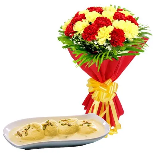 Gorgeous Carnations Bouquet with Rasmalai from Shree Mithai Chennai