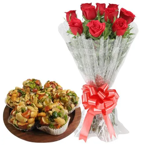 Gorgeous Red Roses with Dry Fruit Ladoo from Shree Mithai Chennai