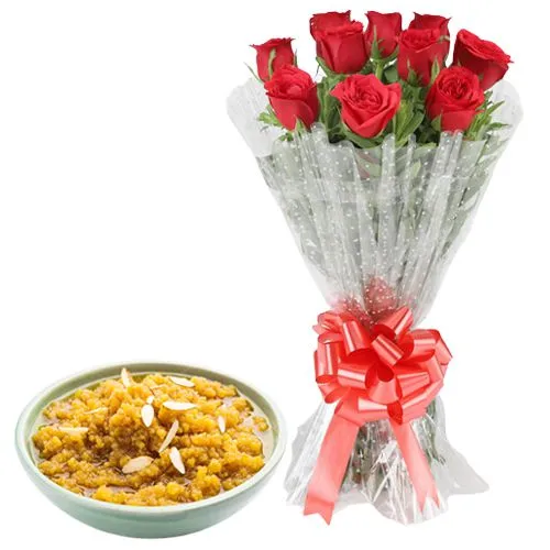 Joyful Red Roses Bouquet with Moong Dal Halwa from Shree Mithai Chennai
