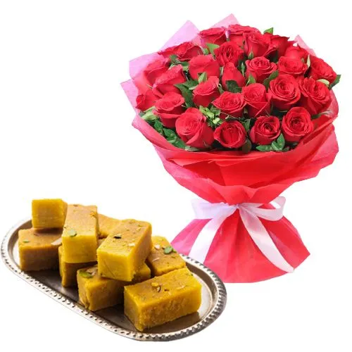 Elegant Red Roses Bouquet with Kaju Mysore Pak from Ananda Bhawan Chennai