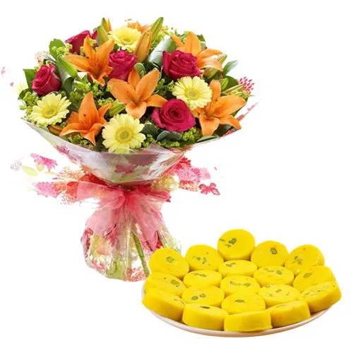 Lovely Mixed Flowers Bouquet with Kesaria Peda from Gangotree Sweets and Snacks Chennai