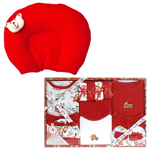 Stunning Red Dress Set with Neck Support Baby Pillow Combo for New Baby