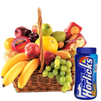 Nutritious fresh Fruit Basket together with Horlicks and Biscuits