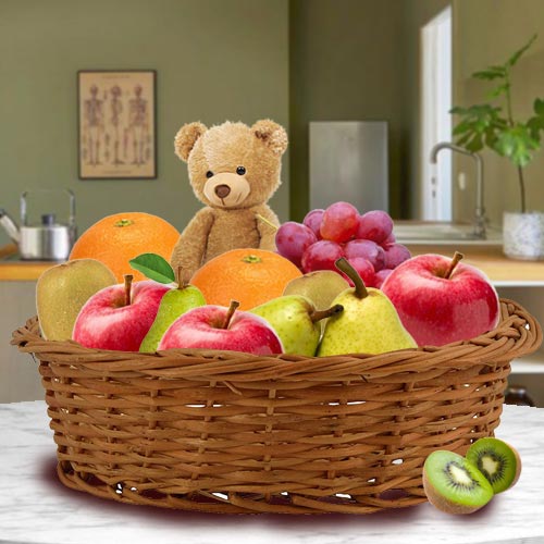 Delicious Basket of Fresh Fruits with Teddy