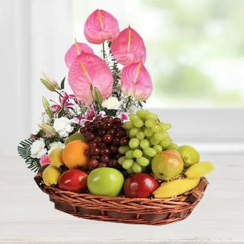 Marvelous Fresh Fruits N Colorful Flowers Basket for Mom