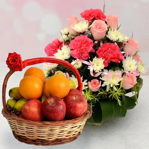 Garden-Fresh Seasonal Fruits with Mixed Flowers Basket