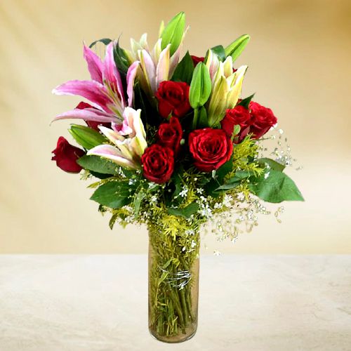 Floral Passion Roses n Lily Vase