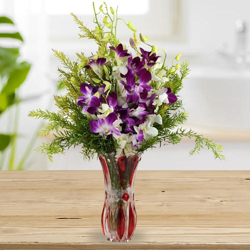 Seasons Feast White n Purple Orchids Vase