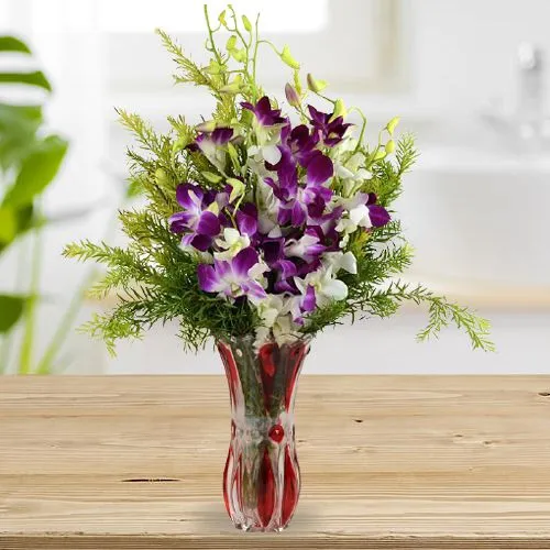 Seasons Feast White n Purple Orchids Vase