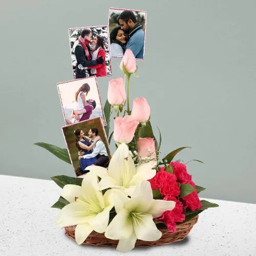 Impressive Love Basket of Roses, Carnation n Lilies with Personalized Pics