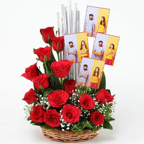 Splendid Love Basket of Red Roses n Personalized Photos