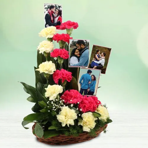 Alluring Display of Red n Yellow Carnations n Personalized Pics in Basket