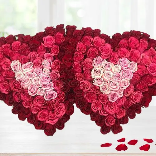 Attractive Twin Heart Arrangement of 300 Red  N  Pink Roses
