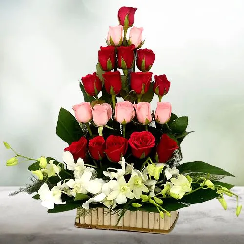 Gorgeous Red N Pink Roses n White Orchids Basket