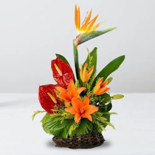 Alluring Red N Orange Flowering Basket