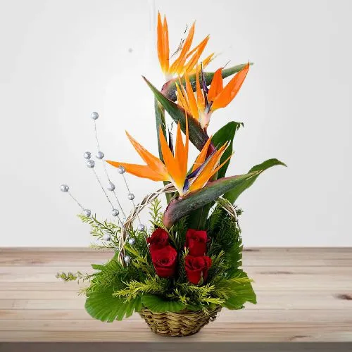 Magnificent Basket Arranged with Roses n Bird of Paradise