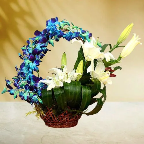 Overwhelming Basket of Blue Orchids n White Lilies