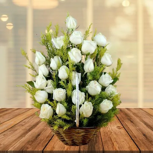 Classic Basket of 25 White Roses