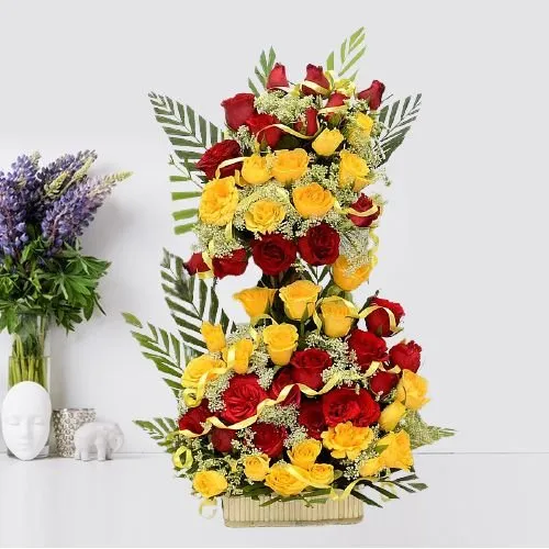 Lovely Basket of 50 Red and Yellow Roses 	