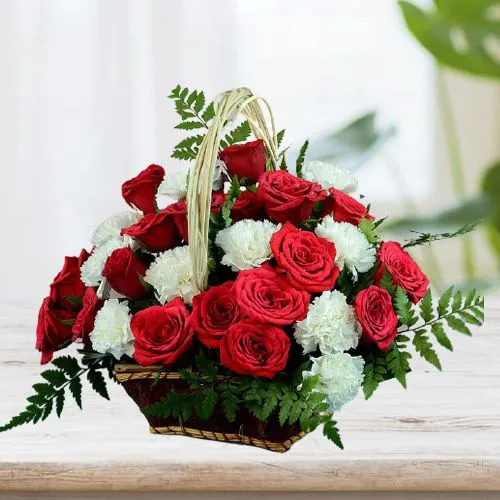 Beautiful Basket of Red Roses and White Carnations