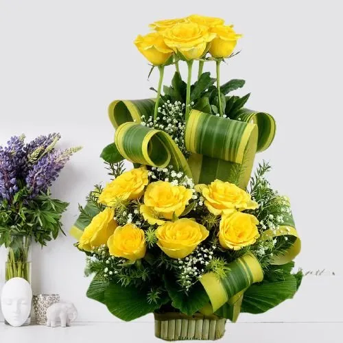 Mesmerizing Basket of Yellow Roses with Greens