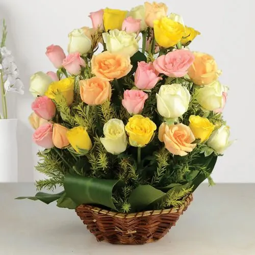 Impressive Basket of 50 Colorful Roses