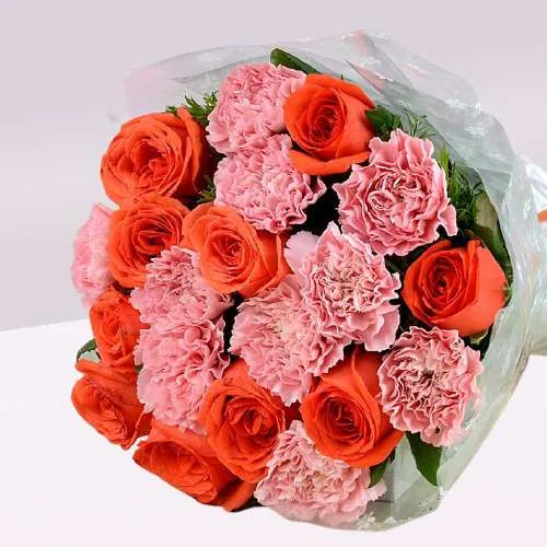Vivid Pink Carnations n Orange Roses Bouquet
