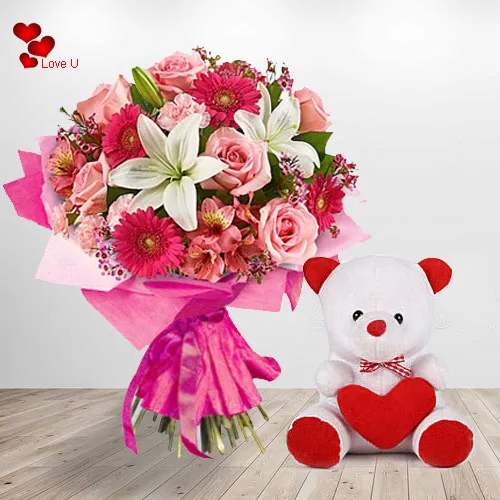 Send Floral N Teddy Basket for V Day