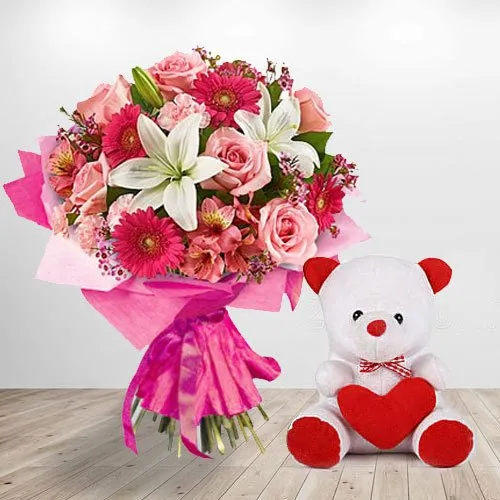 Special Teddy Bear and Assortment of Flowers