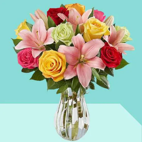 Beautiful Multicolored Roses n Pink Lilies in Vase