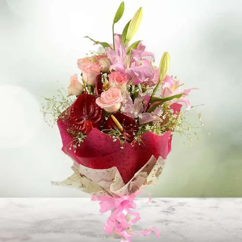 Oriental Love Arrangement of Roses, Lily n Anthuriums