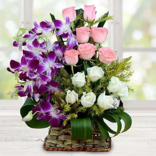 Gorgeous Basket of Mixed Roses n Purple Orchids