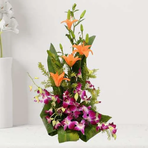 Lovely Orange Lilies n Purple Orchids in Tall Basket