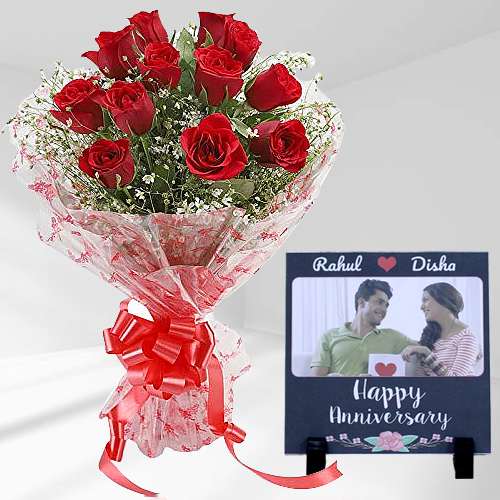Fantastic Gift of Personalized Photo Tile with Red Rose Bouquet	