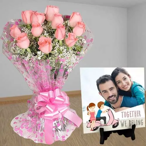 Enticing Gift of Personalized Photo Tile with Pink Rose Bouquet 	