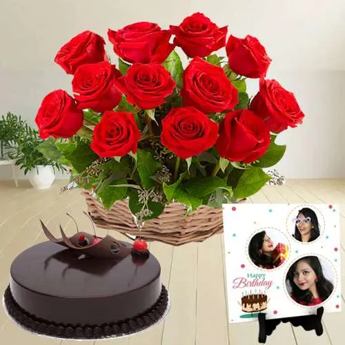 Terrific Gift of Personalized Photo Tile with Red Rose  N  Chocolate Cake	