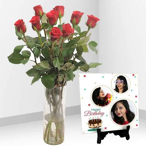 Delightful Red Roses in a Glass Vase with Personalized Photo Tile 	