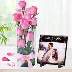 Impressive Pink Roses in a Glass Vase with Personalized Photo Tile 	