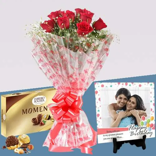Lovely Personalized Photo Tile with Red Rose Bouquet  N   Ferrero Moments 	