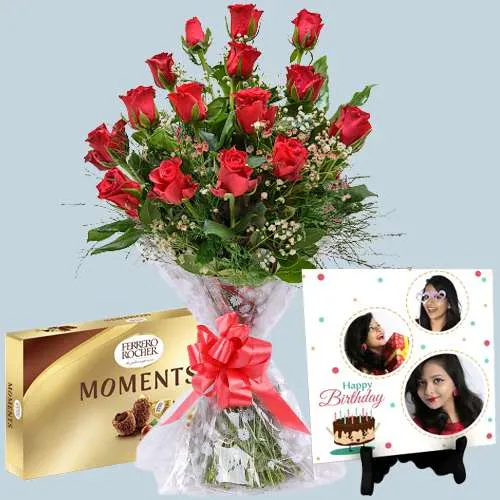 Delightful Red Rose Bouquet with Personalized Photo Tile n Ferrero Moments 	