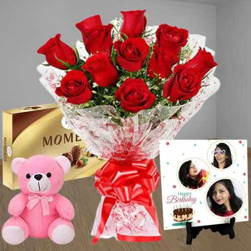 Splendid Personalized Photo Tile n Rose Bouquet with Ferrero Moments n Cute Teddy 	