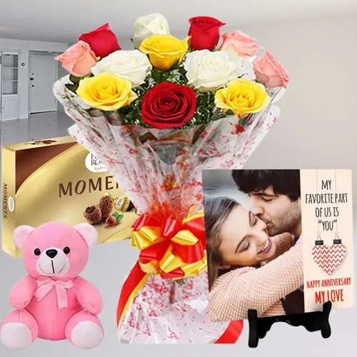 Excellent Mixed Rose Bouquet n Personalized Photo Tile with Ferrero Moments n Teddy		