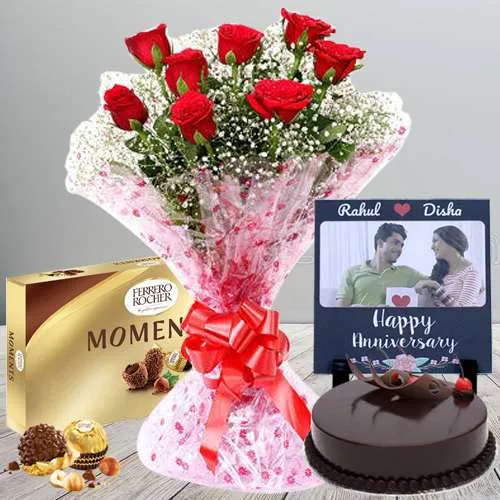 Gorgeous Rose Bouquet n Personalized Photo Tile with Ferrero Moments n Chocolate Cake	