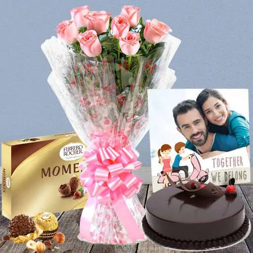 Superb Personalized Photo Tile n Pink Rose Bouquet with Chocolate Cake n Ferrero Moments Combo	