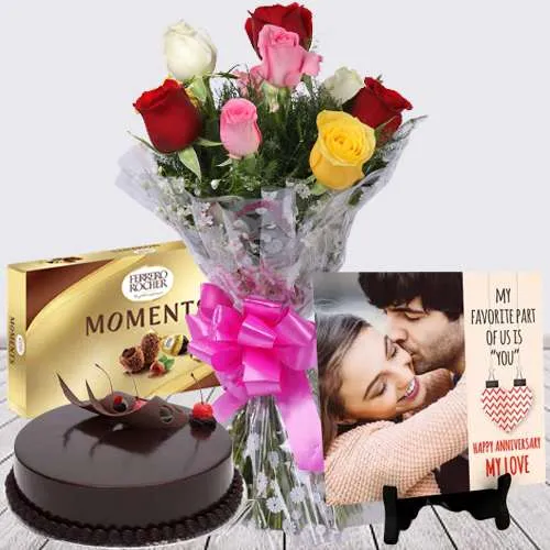 Delightful Personalized Photo Tile n Rose Bouquet with Chocolate Cake n Ferrero Moments 	