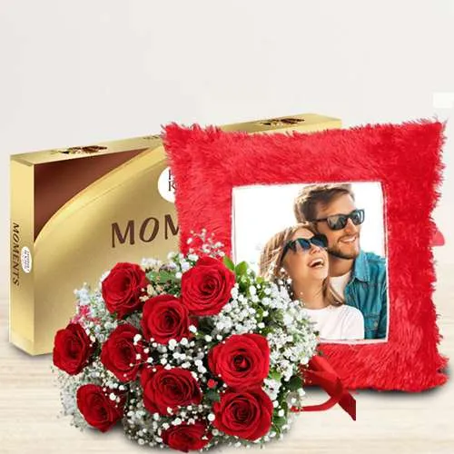 Classy Gift of Personalized Cushion with Red Rose Bouquet n Ferrero Moments