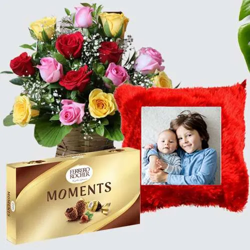 Bountiful Gift of Personalized Cushion with Mixed Rose Bouquet n Ferrero Moments	
