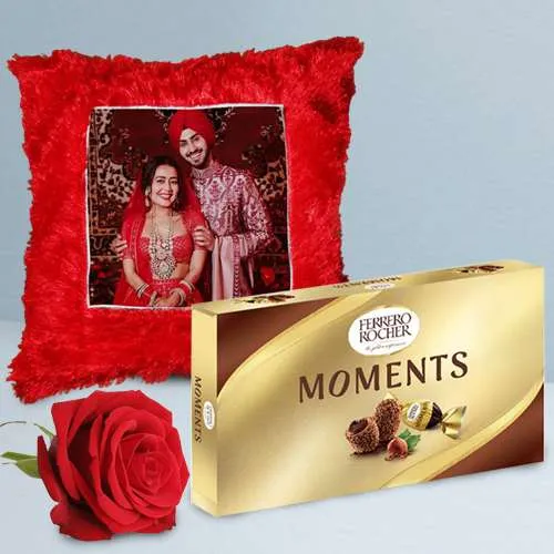 Enticing Choice of Personalized Cushion with a Red Rose n Ferrero Moment	