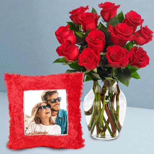 Terrific Gift of Personalized Cushion with Red Rose in Glass Vase 	